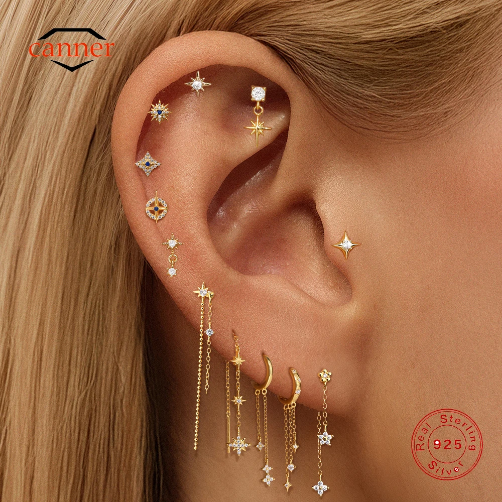 CANNER 925 Sterling Silver Blue CZ Eight Pointed Stars Stud Earrings For Women Ins Moon Chain Tassel Petal Drop Earrings Gift