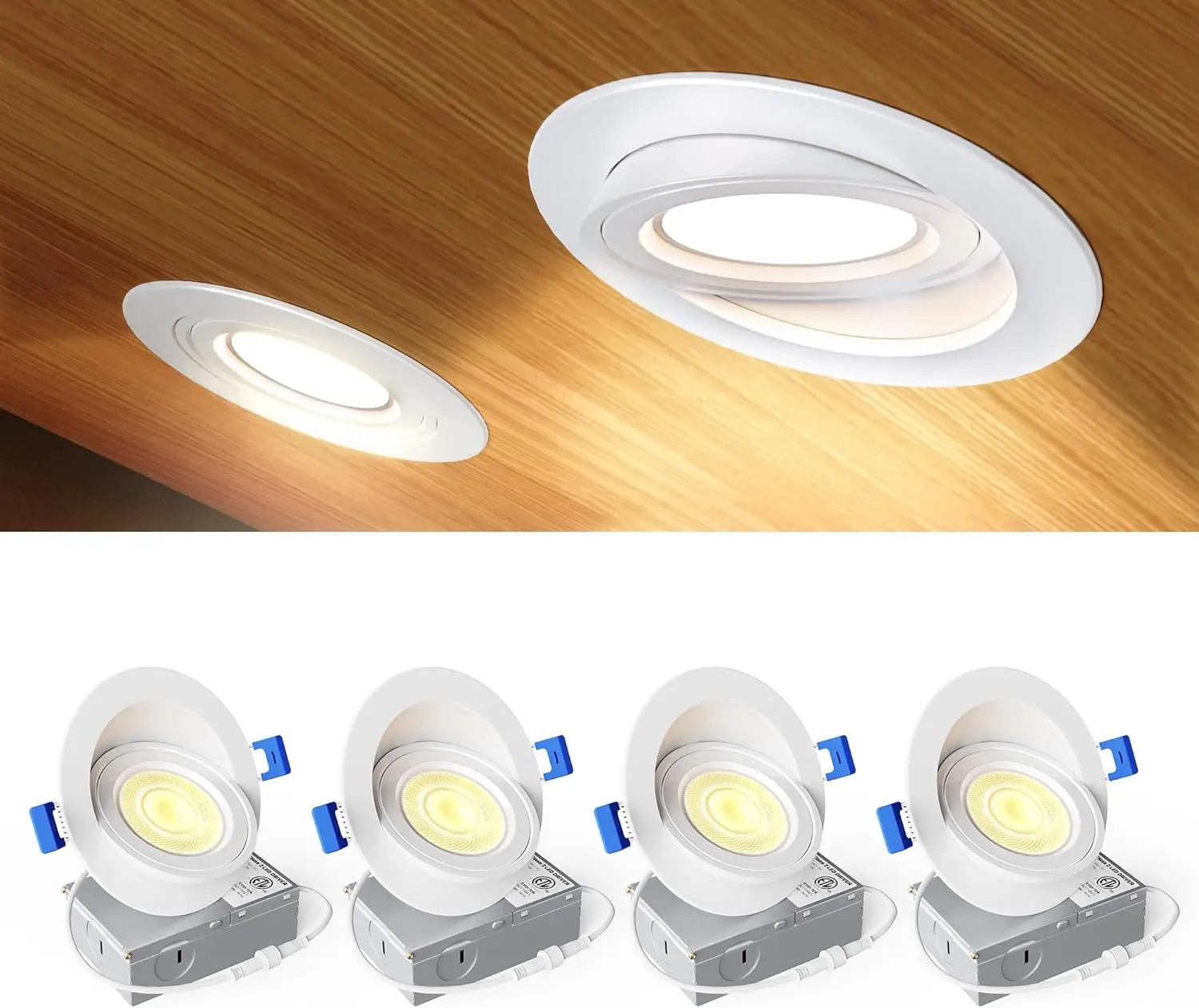 

4-Pack 4' LED Gimbal Recessed Light, 360°×90° Adjustable, Dimmable 2700K-5000K, 9W=85W, 900LM, 120V, ETL/FCC