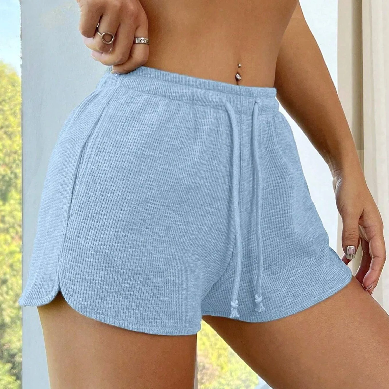 ผู้หญิงฤดูร้อนกางเกงขาสั้น Drawstring สีทึบเอวสูงฟิตเนสกีฬาสั้นกางเกงหญิงหลวมกลางแจ้ง Streetwear