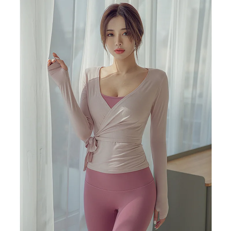 Autumn Winter Tie Rope Long Sleeve Sports Fitness Top Women's Yoga Shirt