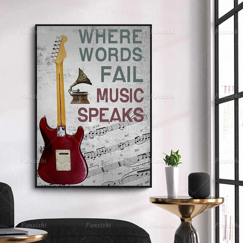 Home Wall Decor Print Retro Guitar Lift Up Your Music Dream Where Words Fail Music Speaks Canvas Painting Modular Poster Cuadros