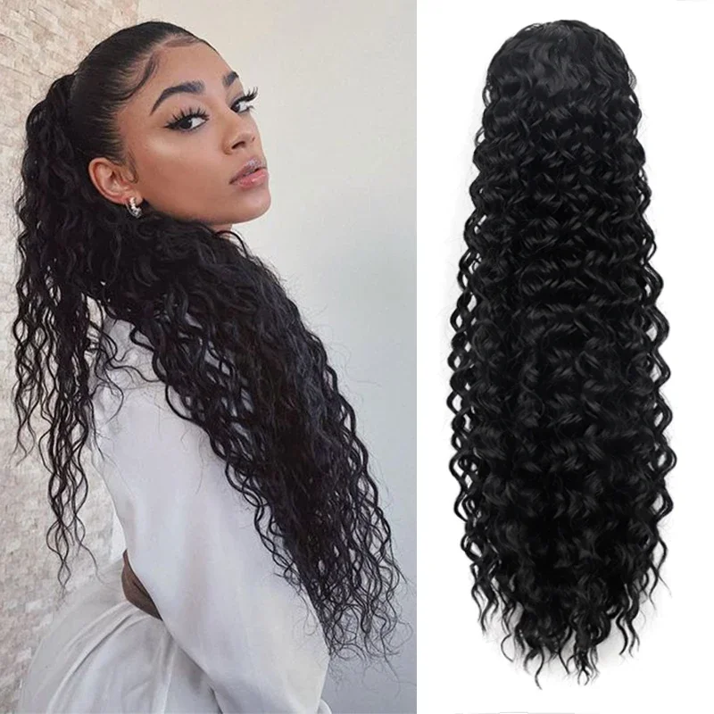 

22 Inch Deep Curly Ponytail Extensions Long Curly Wave Drawstring Fake Tail for Women Synthetic Black Water Wavy Hair Ponytail