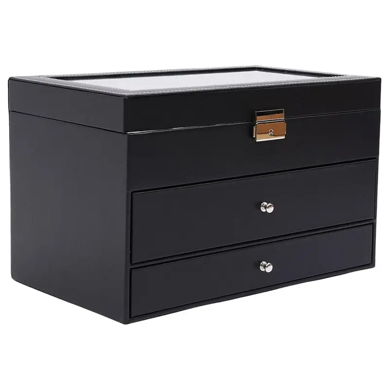 

【FAVORITE!】Metal Buckle Watch And Eyeglasses& Sunglasses Box 3 Layer Leather Black With Jewelry Display Drawer Organizer Case