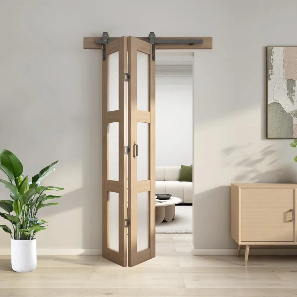 Double Fold Glass Barn Door, Double Fold Glass Sliding Barn Door Kit Including Hardware, 3 Panel Glass Barn Door Panel, Brown