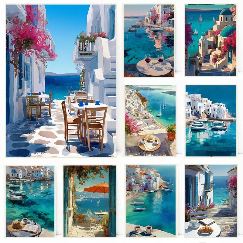 1pc frameless Greek Harbour Seaside Landscape Poster Coastal Aegean Mediterranean Canvas Painting Wall Art for Living Room Home