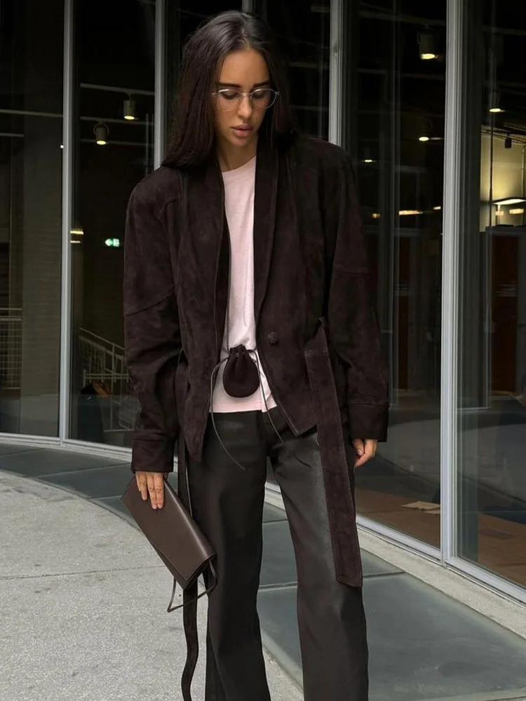 HH Women Autumn Solid Lapel Belted With Pockets Long Sleeves Jacket Female Fashion Suede Texture High Street Causal Coats