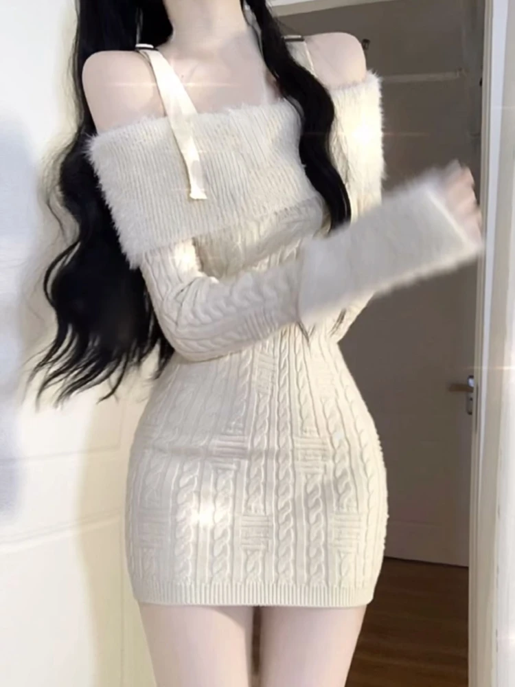 Sexy Knitted New One Piece Dress Women Off Shoulder Sweet Vintage Y2k Mini Dress Female Korean Fashion Chic Sweater Dresses 2026