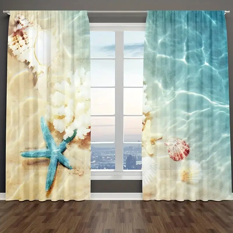 Colorful shell and starfish pattern printed curtains, bedroom and living room decoration, home decoration, room decoration