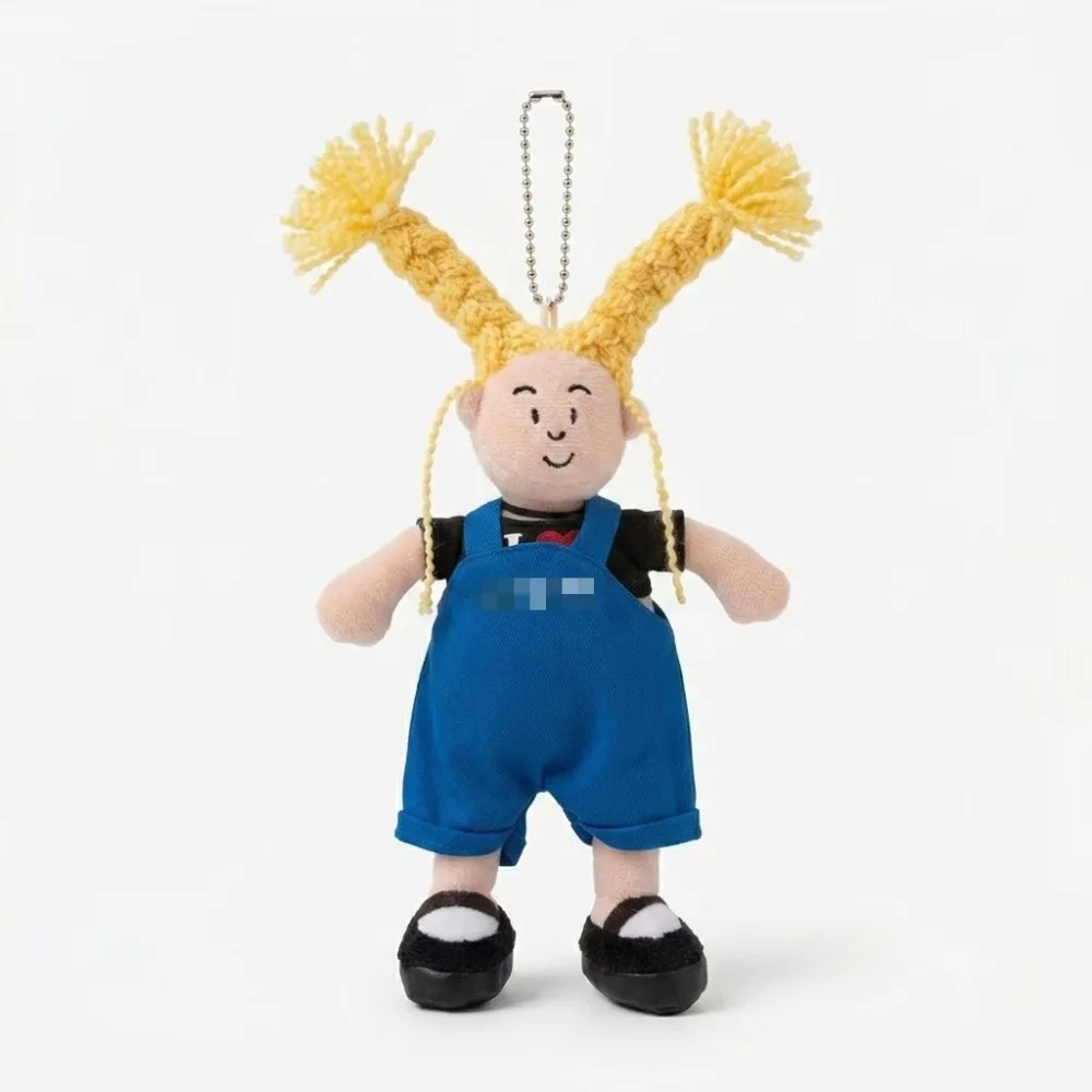 Funny Yellow Hair Girl Plush Keychain Cute Doll Blue Overalls Toy Retro Style Bag Pendant Weird Backpack Charm Boy Girl Gift