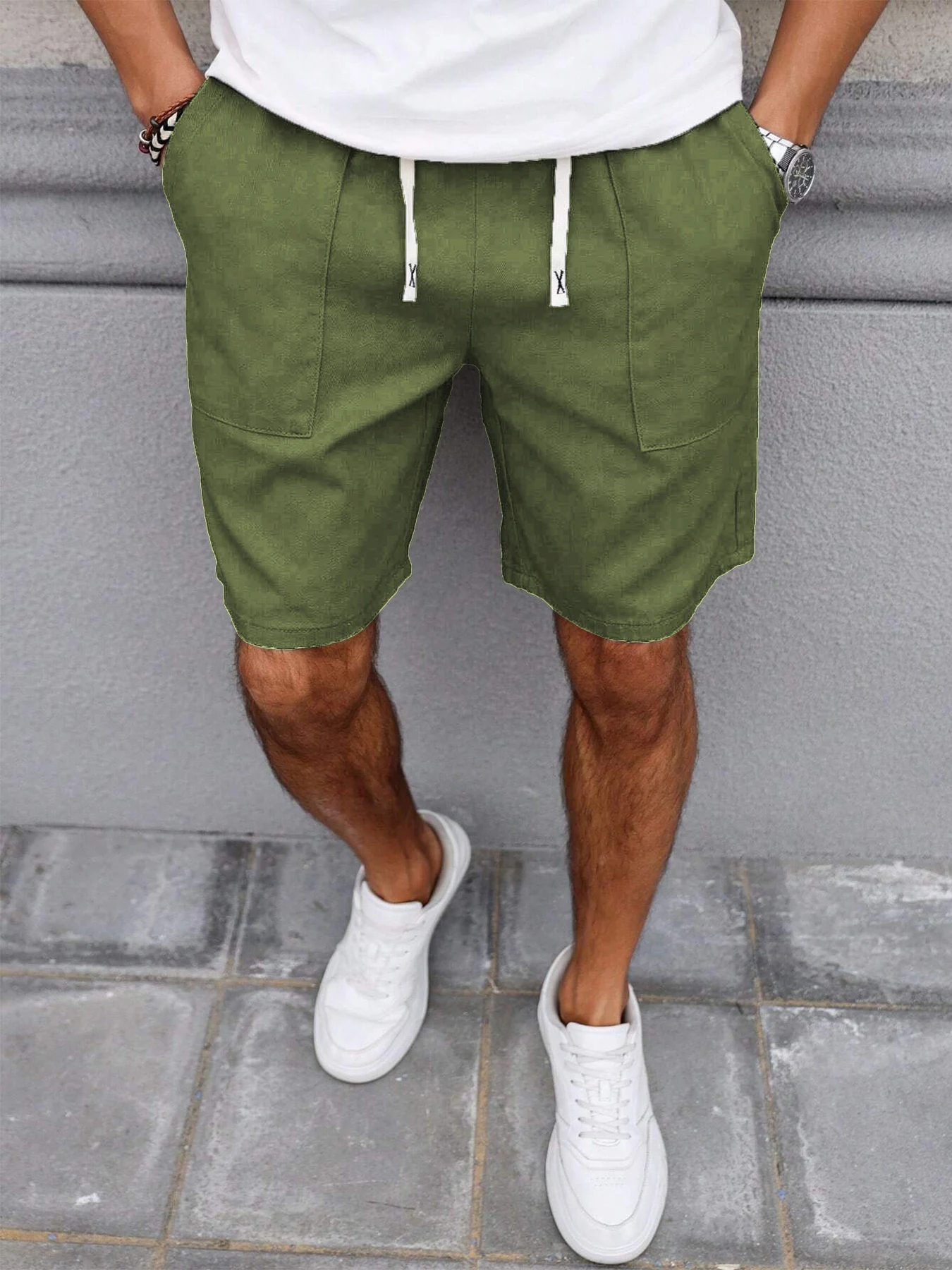 Sommer Herren Retro Amerikanischer Stil Shorts mit Kordelzug Lässige Hosen Einfarbig Trendige Mittellange Herrenshorts – Detail 7
