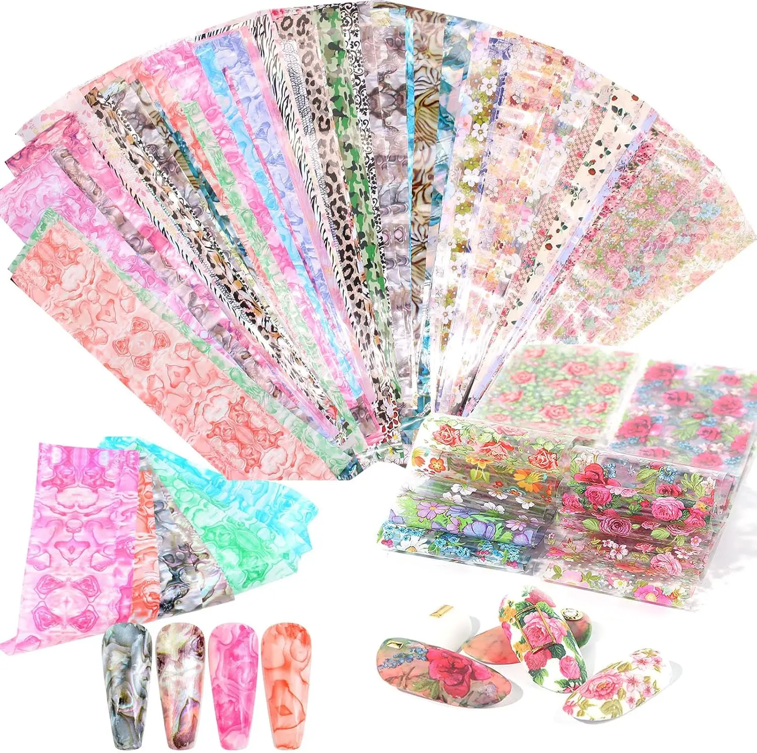 

150 Pcs Nail Art Foil Transfer Sticker Set Marbling Leopard Print Flower Decals for Women Girls Nail Decoration 4x20cm