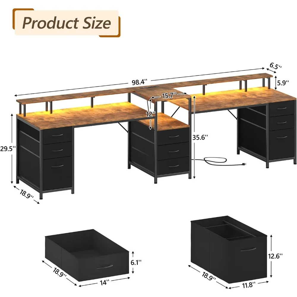 98 Inch 2 Person Desk with 9 Drawers and Outlets for Home Office & Gaming