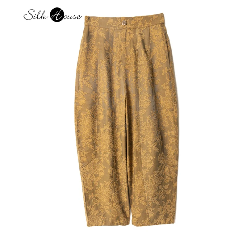 الزيتون الأخضر الأزهار جديد الصينية دعوى الخصر الجاكار 75.4% الحرير التوت الطبيعي المرأة المألوف مرونة الخصر سراويل تقليدية