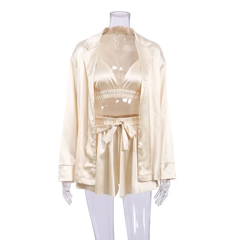 Spring European and American Sexy Pajamas Three-piece Silk Long-sleeved Bathrobes Cross-border Satin Underwear Women' Loungewear