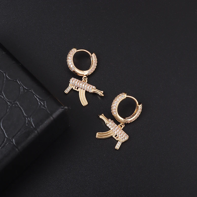 Hip Hop Style Ice Out Copper Cubic Zirconia Men's Gun Drop Earrings Hypoallergenic Earrings Jewelry Gifts image 4