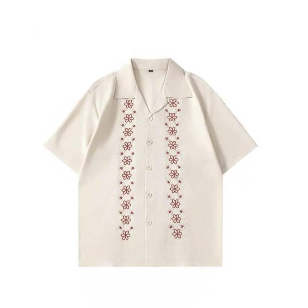 

Embroidery White/Apricot Short Sleeve Lapel Male Shirt Classic T-Shirt For Men Large Size Clothes Beach Vacation Wear Cardigan