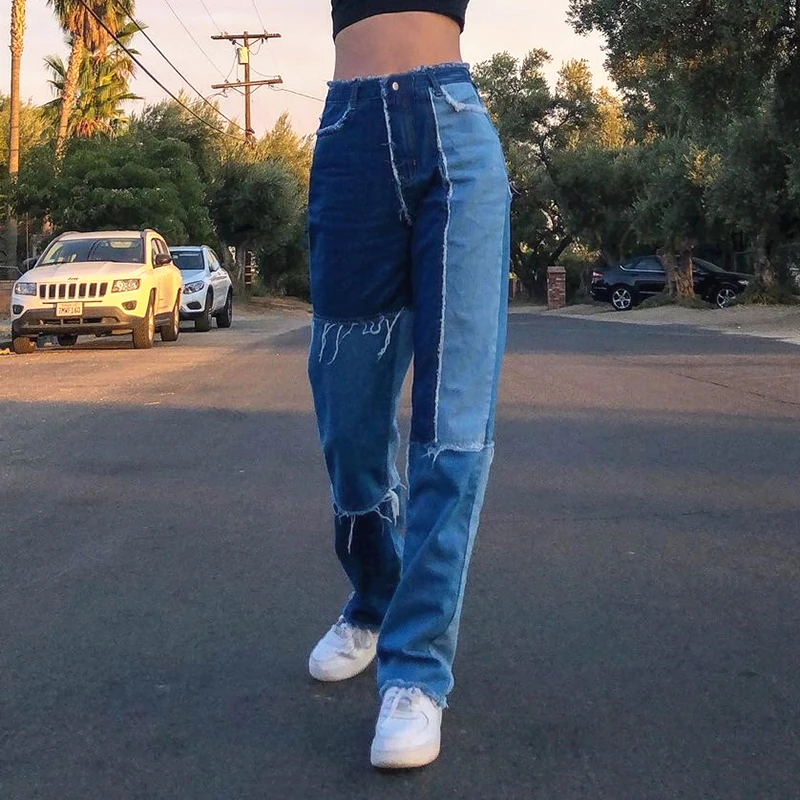 Blue Straight Jeans For Girls Female Vogue Patched Women Vintage Denim Pants NiceHot High Waisted Trouser Harajuku Vogues Hot