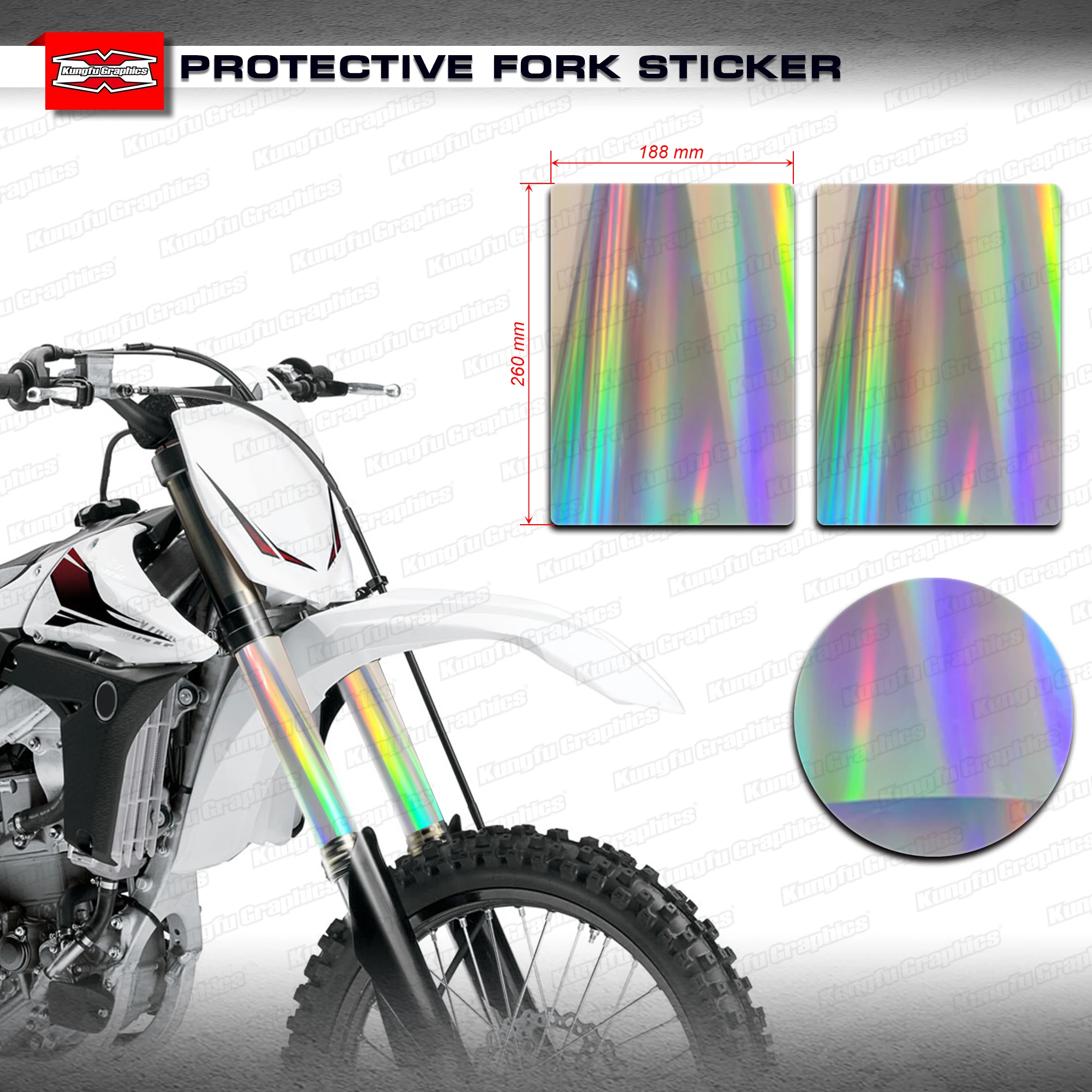 

KUNGFU GRAPHICS Holographic Motorcycle Middle Fork Leg Stickers Kit Chrome Vinyl Wrap Shock Decoration, 188 x 260mm