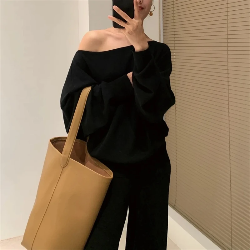 Loose chic Skew Collar Knitted 2 Piece Set Women casual long sleeve Tops Outfits korean fashion Spring Wide Leg Pants Ensembles