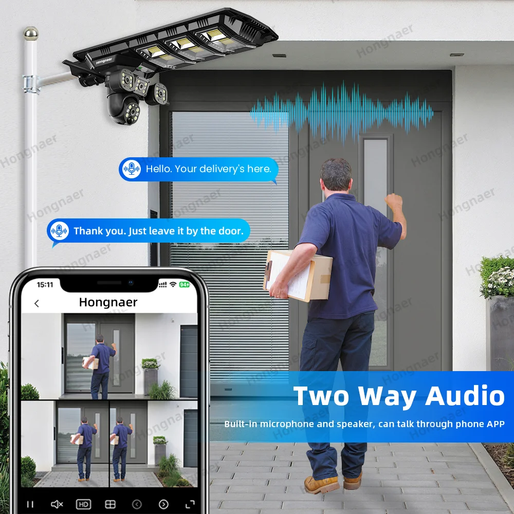 Hongnaer 8MP 4K WiFi IP PTZ الشمسية اللاسلكية CCTV V380 Pro عدسة مزدوجة الشمسية ضوء الشارع للرؤية الليلية كاميرا CCTV الأمن