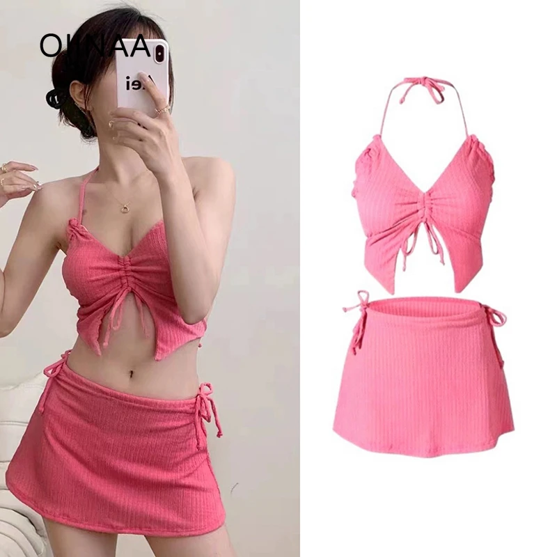

OIINAA Three-pieces Swimsuit Women Halter Drawstring Bikini Set Lace Up Beach Skirt Summer 2025 New Fashion Solid Split Swimsuit