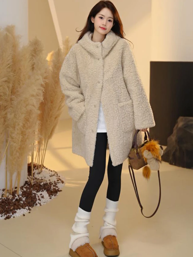 Women's Winter Thickened Warm Lamb Fur Coat Mid-Length Hooded Outerwear Stylish Commute Style  Body Type Suitable