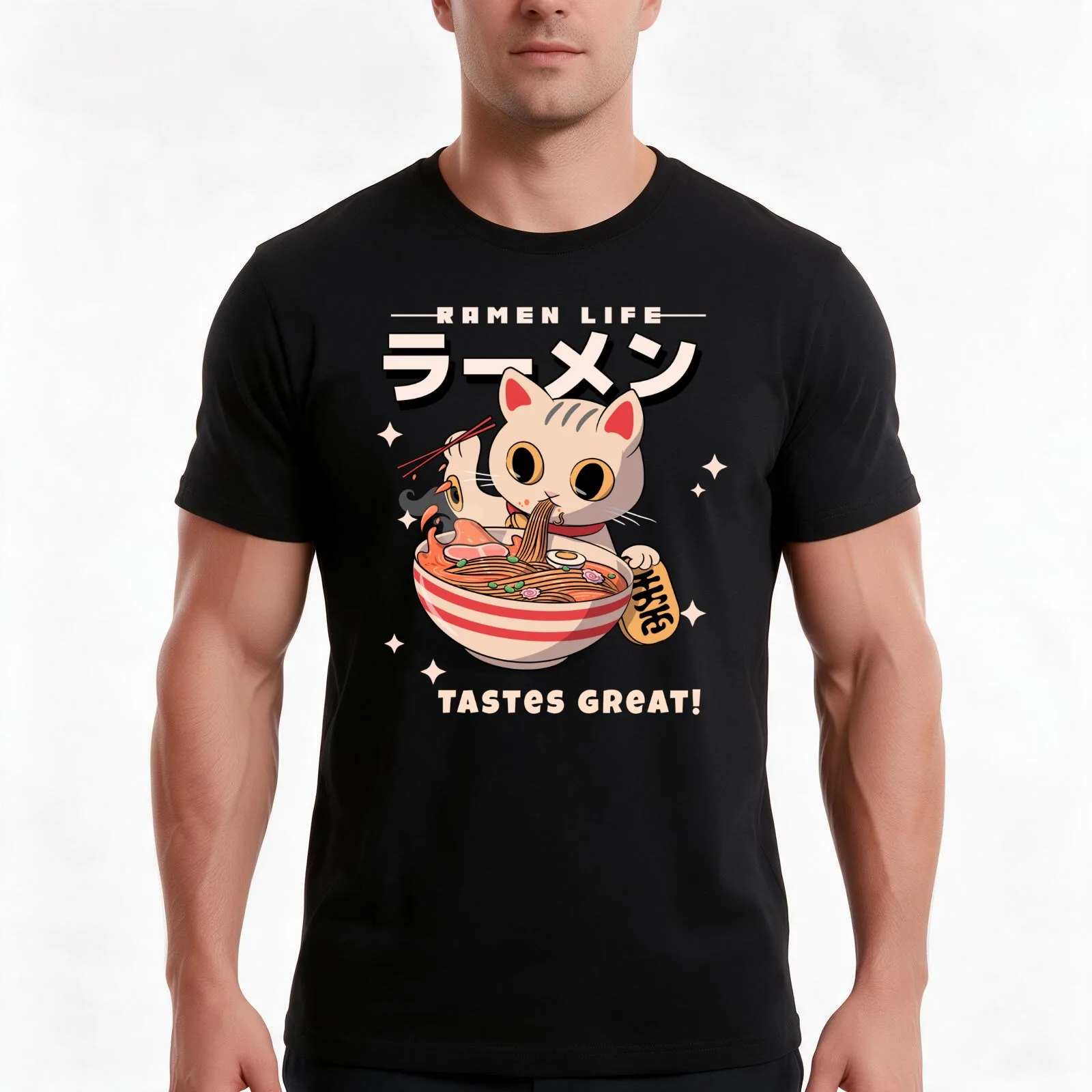 Kitten Eating Ramen- Ramen Life Tastes Great! T-Shirt Summer Casual Cotton Tee, Unisex Men Women