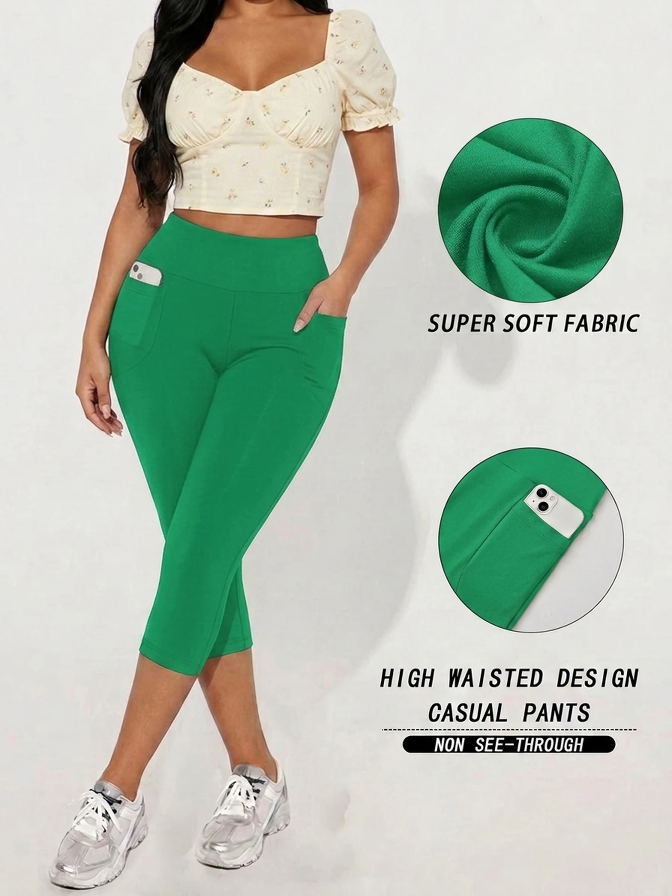 Hochgeschnittene Caprihosen für Damen mit Taschen, Superweiche Bauchkontrolle Workout-Lauf-Yoga-Sportleggings – Detail 14