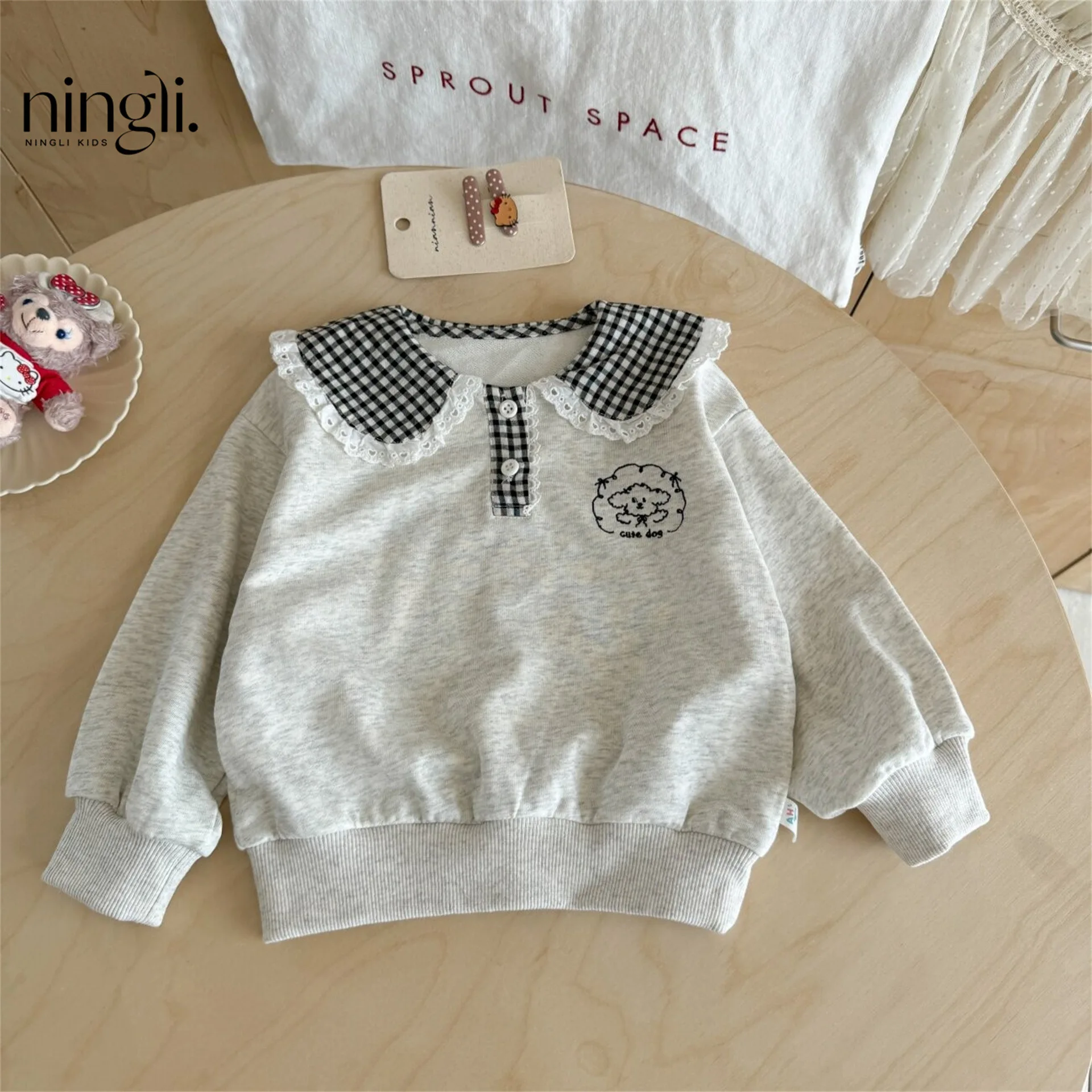 Girls Hoodie 2026 Spring and Autumn New Childrens Clothing Korean Style Girl Baby Foreign Gas Check Lace Sweet Splicing Hoodie