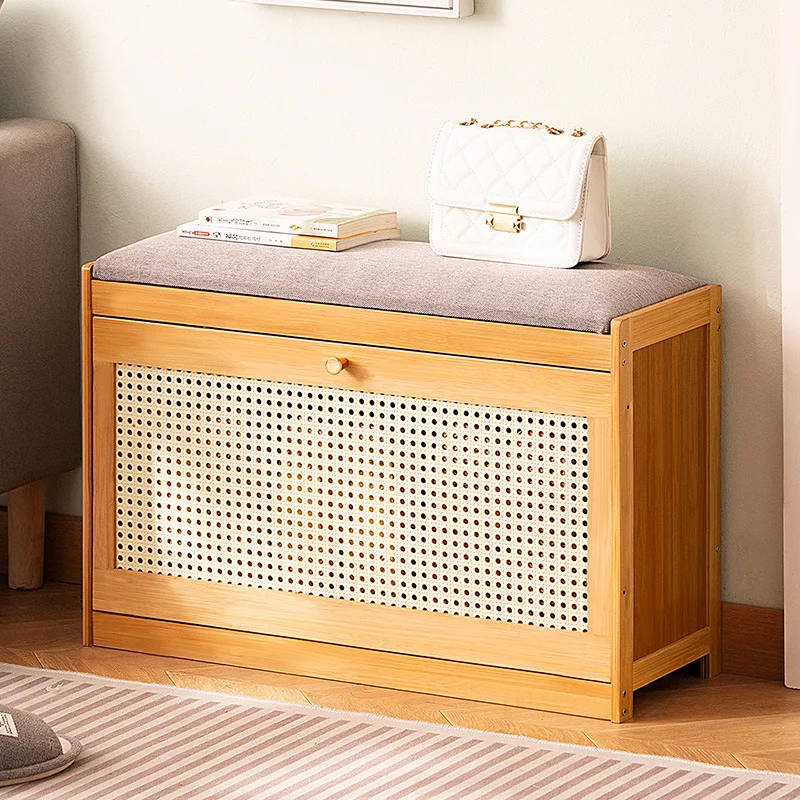 Modern Natural Bamboo Shoe Cabinet - Simple Changing Shoe Stool with Tipping Bucket Storage Soft Cushion Entrance Bench