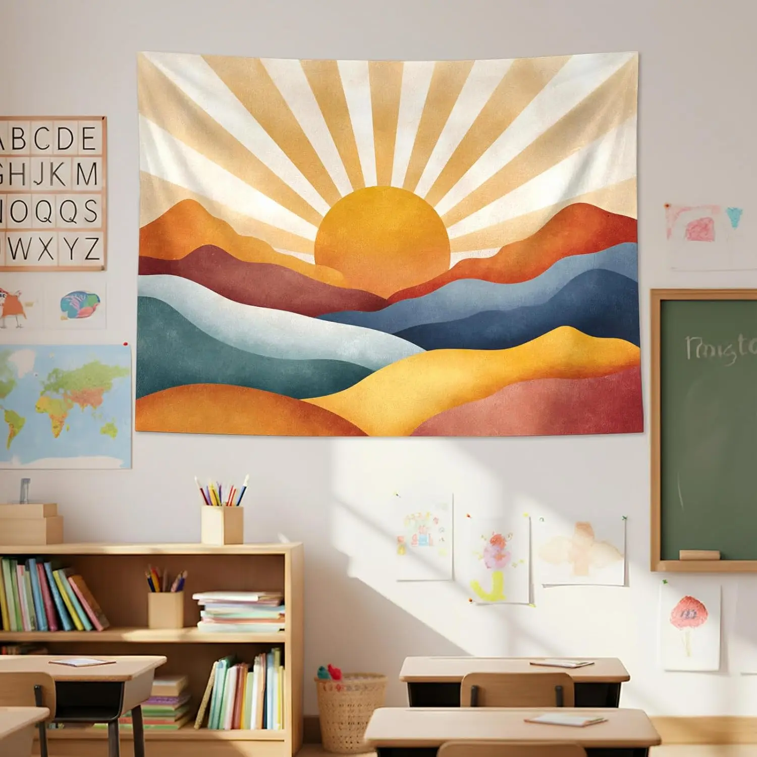 Bohemian Sunset Mountain Tapestry, Abstract Sun and Colorful Layered Hills Print Large Wall Hanging for Bedroom Living Room