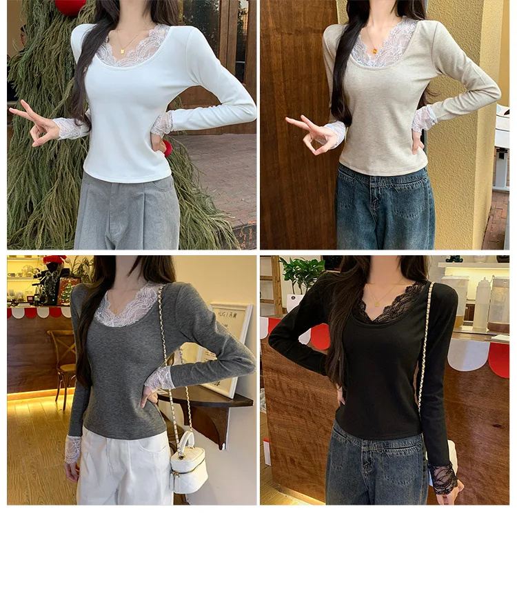 2026 Herbst Winter Damen T-Shirt Spitze Schlankes Basis-T-Shirt Elegantes Vielseitiges Strick-Layering-Oberteil mit Langen Ärmeln für Damen Neu eingetroffenes T-Shirt – Detail 2