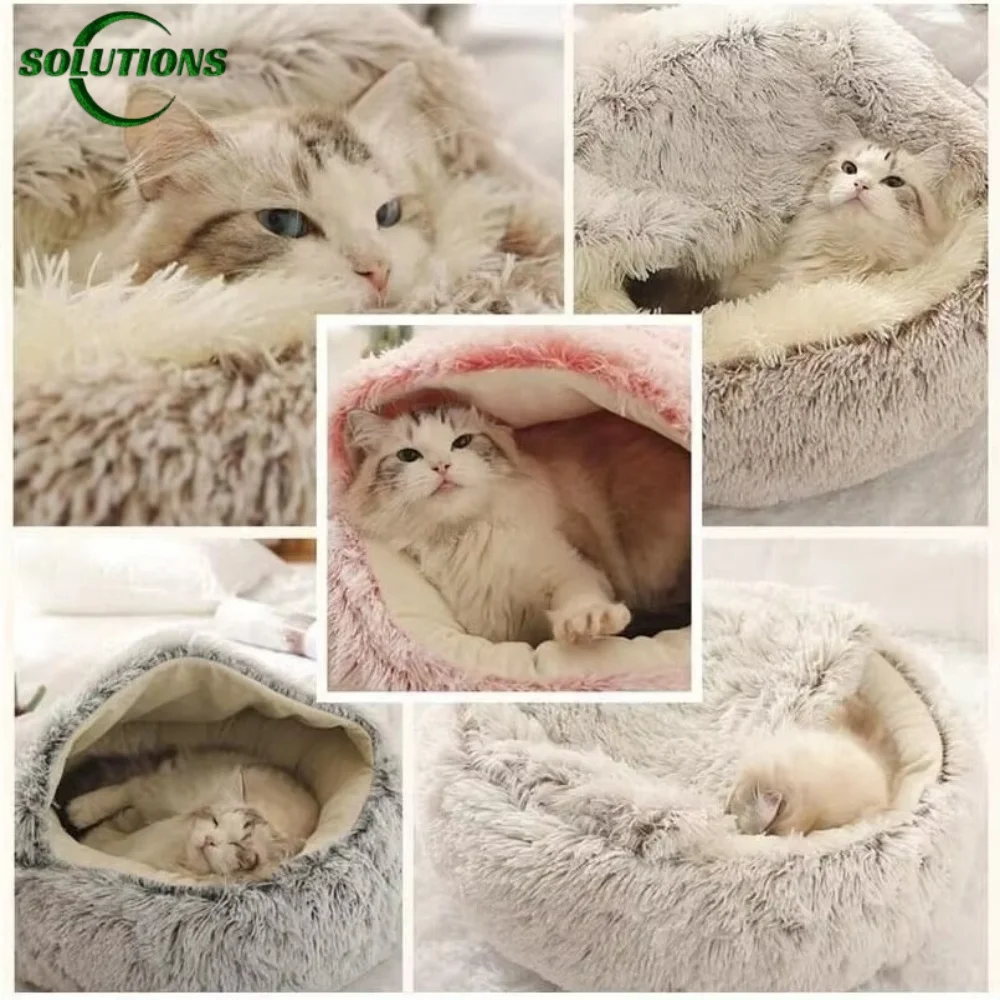 Cat Bed Soft Plush Covered Circular Enclosed Round Cat Bed Kitten Cushion Comfortable Sleep Bag Cat Nest Kennel For Small Pet ﻿