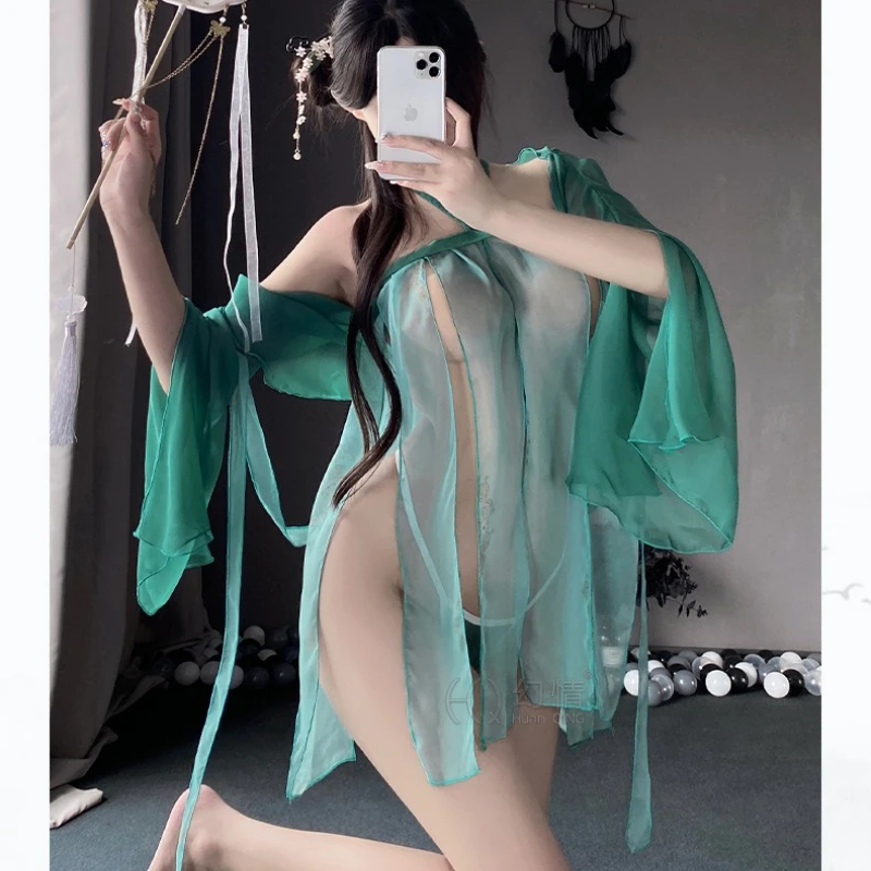 

Antique Style Hanfu Dress Perspective Halter Skirt Sexy Lingerie Women Porno Chinese Improved Retro Exotic Charm Adult Costumes