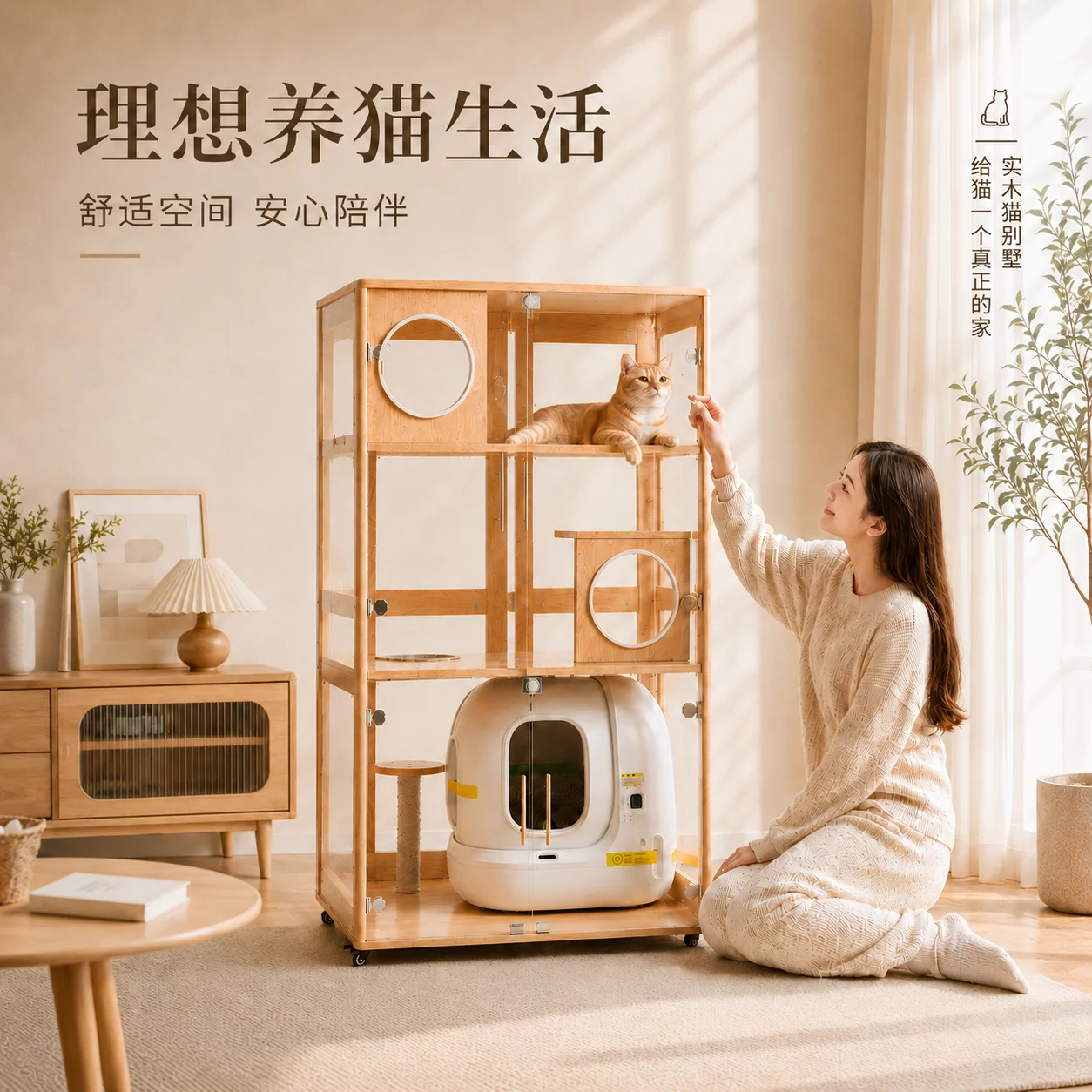 

Solid Wood Multi-layer Cat Villa Cage Transparent Glass House Living Space Indoor House