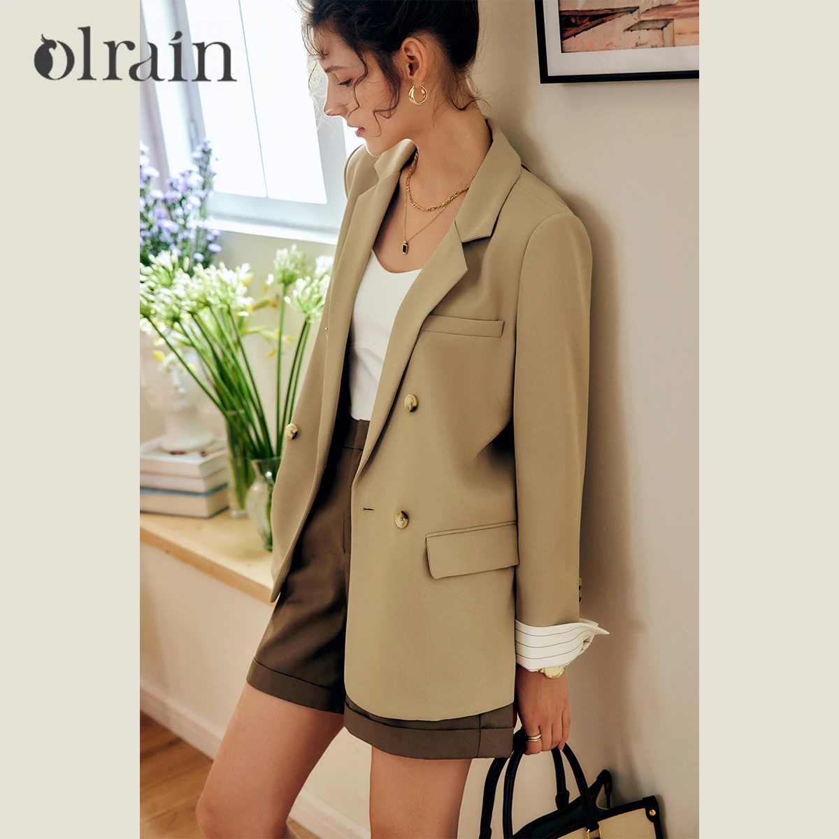 

OLrain женский пиджак цвета хаки в стиле пэчворк во французском стиле, новинка осени 2025 года, комплект из двух предметов с фальшивыми поддельными предметами, повседневные офисные шикарные куртки O22QW59282