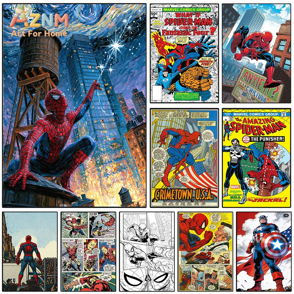 AZNM Spiderman Squat On Rooftop Starry Galaxy Sky Canvas Wall Print, Van Gogh Style Superhero City Night Scene Graphic Art Pos
