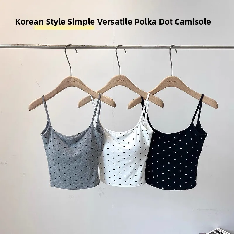 Summer Outfit Polka Dot Backless Crop Top Women's Integrated Design Sense with Chest Pad Bra Base Shirt Short Pure Color