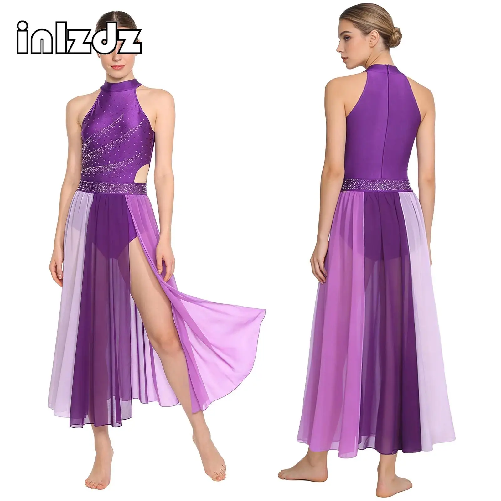 

Adult Womens Lyrical Dance Performance Dress Sleeveless Rhinestone Mesh Slit Hem Leotard Dress Modern Contemporary Dance Costume