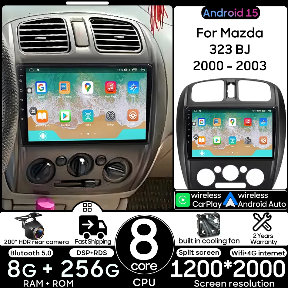 

Автомобильный мультимедийный видеоплеер Android 15 для Mazda 323 BJ 2000–2003 Беспроводной CarPlay Автоматическая навигация GPS Радио головное устройство 2 Din