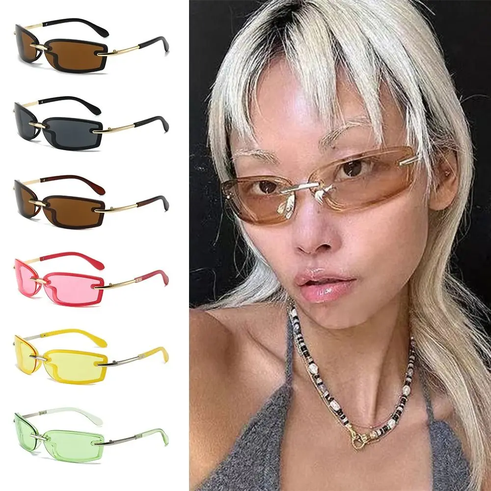 Rimless Square Candy Color Sunglasses Metal Temples Y2K Futuristic Shades UV Protection Dopamine Dressing Eyewear Accessories