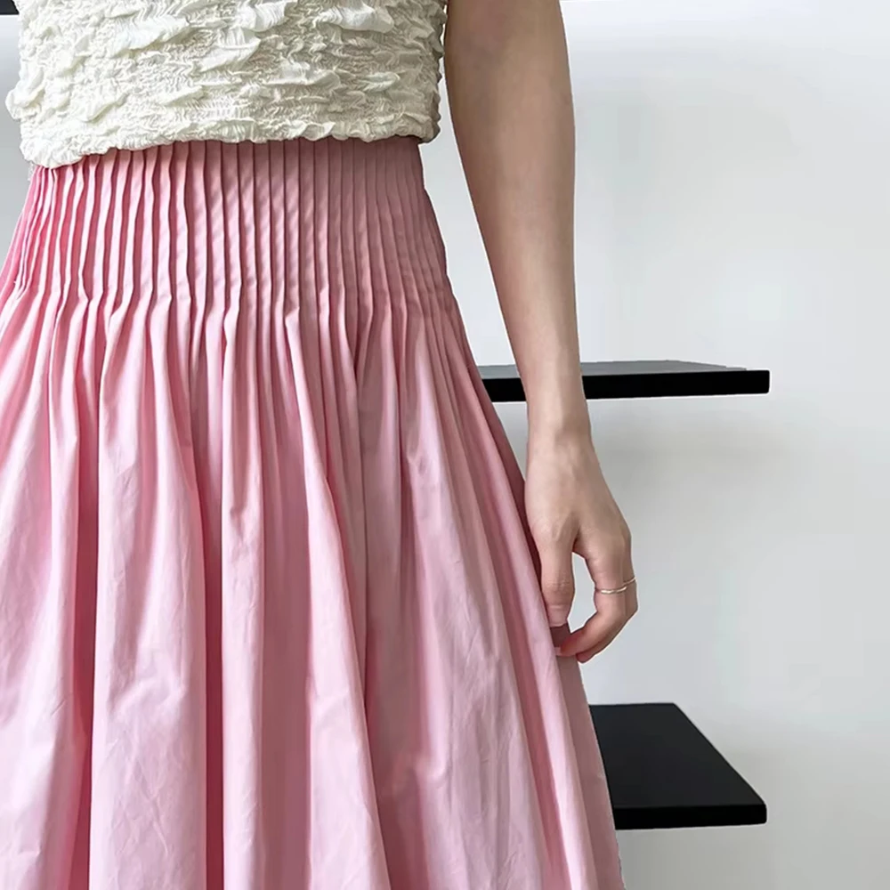 Faldas Primavera Verano mujer ropa elegante Simple pliegues lisos Midi cintura alta A-Line faldas para citas para mujer