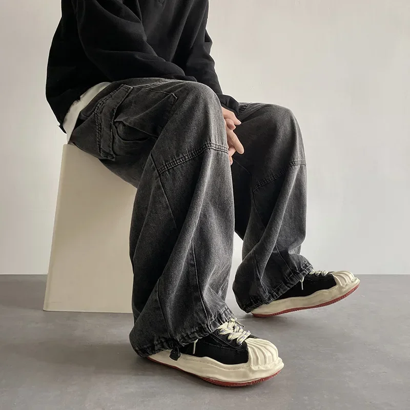 

Vintage Cargo Jeans Cargo Pants Elastic Waist Multiple Pockets Wide Leg Trousers In Solid Color Baggy Denim Pants Men Clothing