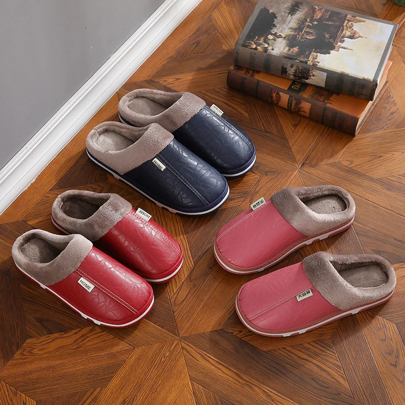 Autumn and Winter Pu Leather Waterproof Indoor Cotton Drag Female Home Warm and Cashmere Outdoor Cotton Slippers