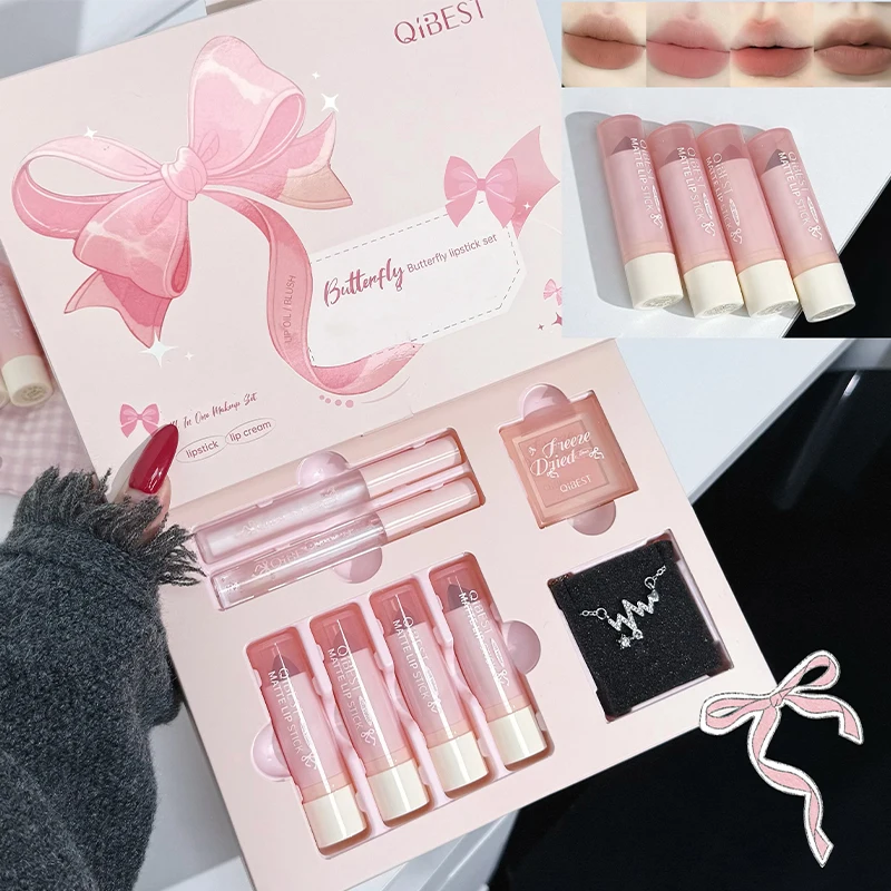 QIBEST 7 pezzi/scatola set di trucco multiuso 4 pezzi rossetto liquido, 1 crema per labbra, 1 olio per labbra, 1 tavolozza di fard per il viso e cosmetici per collana