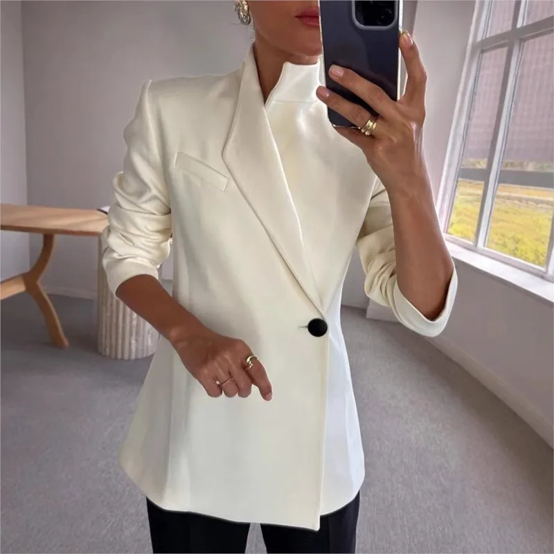 Elegant One Button Women's Suit Blazer White Turn-down Collar Long Sleeve Suit Jacket Female Fashion Slim Office Lady Outerwears