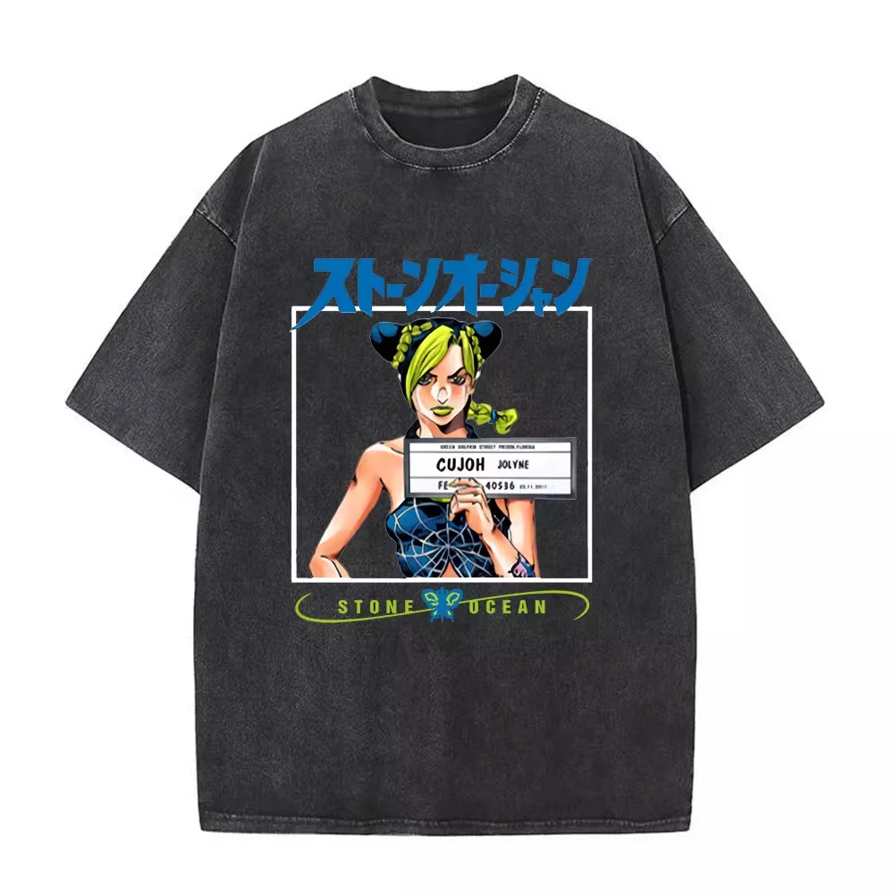 

Футболка Jojo's Bizarre Adventure Stone Ocean 2026 летняя винтажная из выстиранного хлопка оверсайз в уличном стиле с изображением Джолин Куджо (полицейское фото)