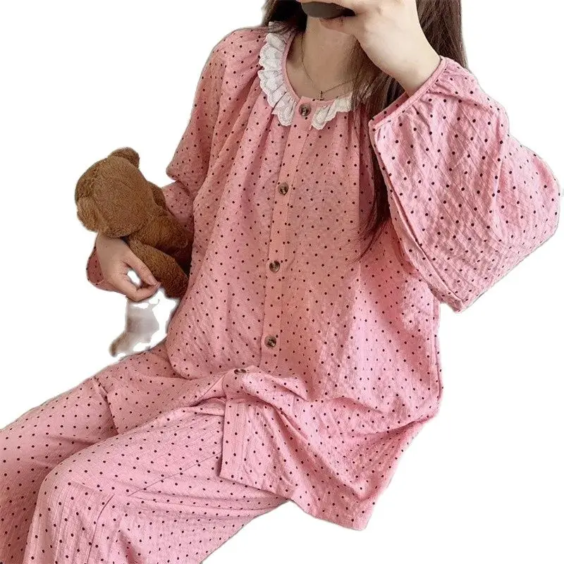 Pajamas For Women Neckline Lace Long Sleeve Autumn Solid Plus Size Sleepwear Princess Homewear With Breast Pad Pajama Set