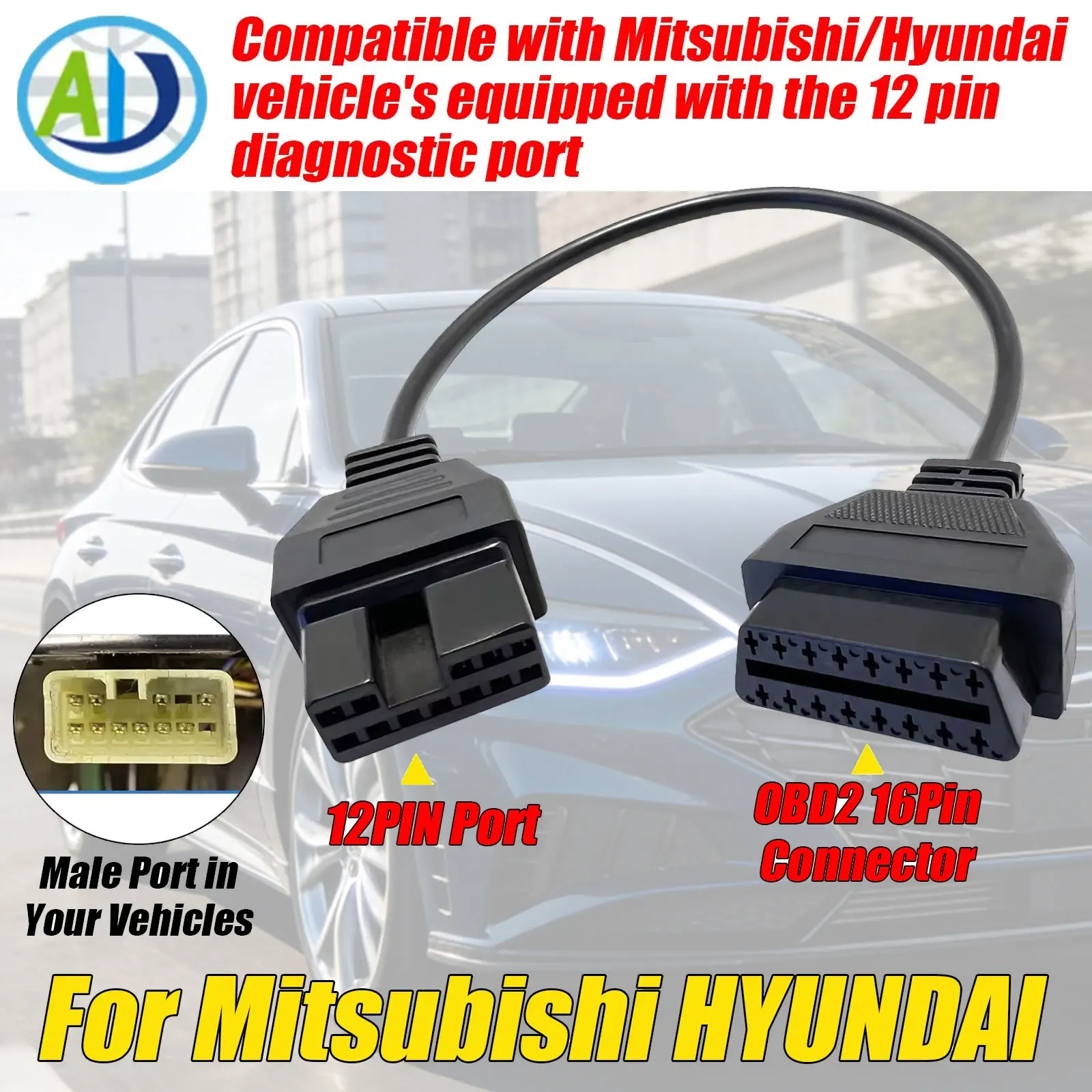 OBD2 Cable For Mitsubishi HYUNDAI 12Pin OBD1 to OBD2 Car Adapter OBD2 Diagnostic Connector OBD1 Extension Cable Work with ELM327