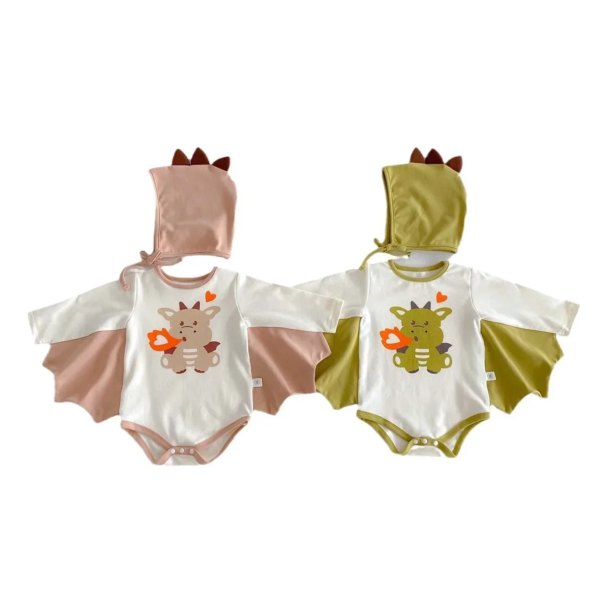 2024 Autumn New Korean Style Infant Onesie: Dragon Print Bodysuit with Hooded Design for Babies, Includes Hat